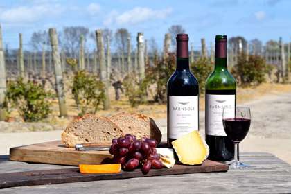 Image of bottles of red wine and a cheeseboard