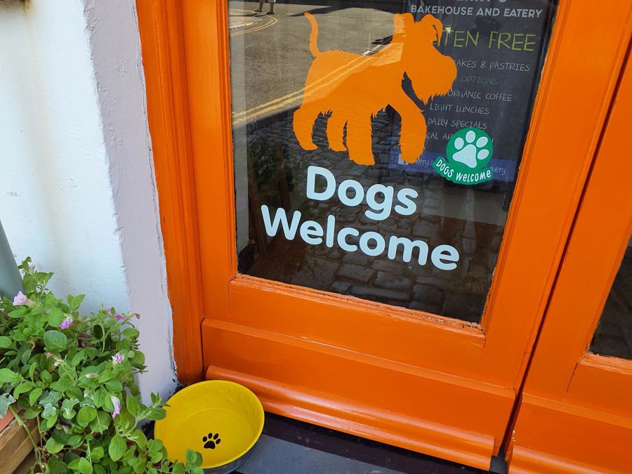An orange coloured shop doorway with a sign saying 'Dogs Welcome' and a green-and-white dogs welcome sticker.