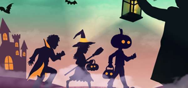 A drawing of shadow images of children dressed in halloween outfits