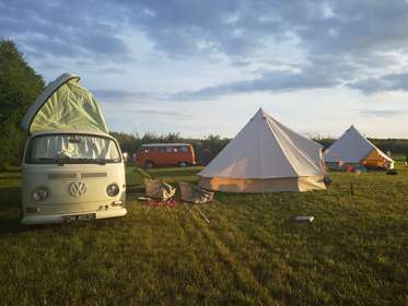 Camper van and bell tent, at Fallow Fields Camping