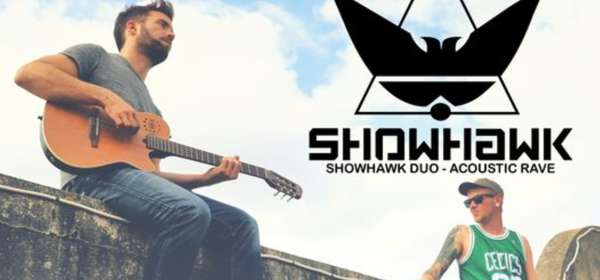Poster for Showhawk showing 2 men one sitting on a wall playing an acoustic guitar.
