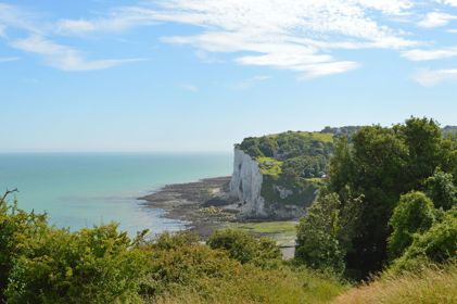 A green-blue sea, glimpse of beach and edge of white cliffs and green landscape in the foreground.