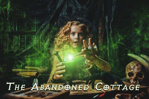 An illustration of a girl mixing a potion creating a glowing green light and a skull to one side.