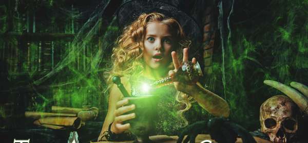 An illustration of a girl mixing a potion creating a glowing green light and a skull to one side.