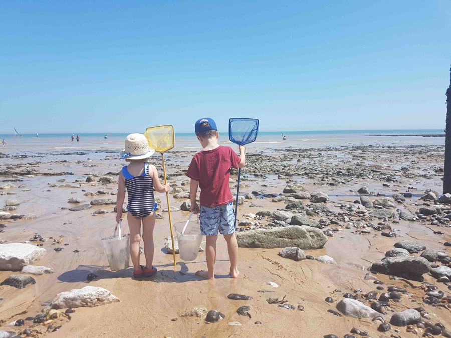 Two young children with fishing nets on a pebbly beach