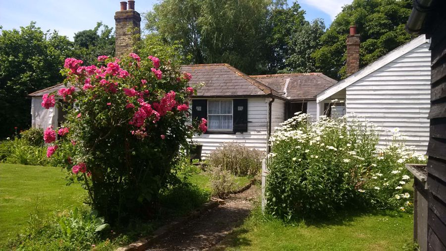 White miller's cottage with pink rose bush
