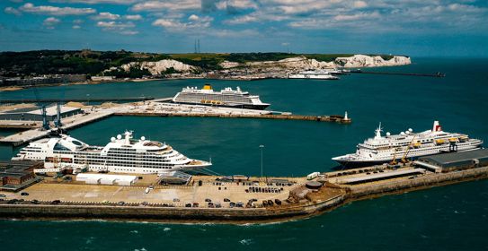 An aerial view of the Port of Dover with three cruise liners docked.