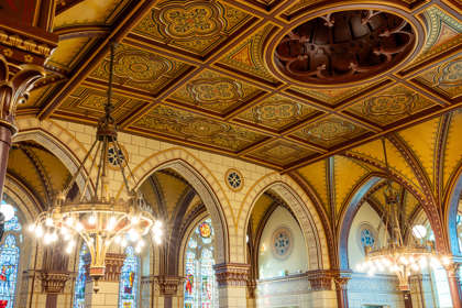 The elaborately decorated neo-gothic ceiling of the Connaught Hall at Dover's Maison Dieu
