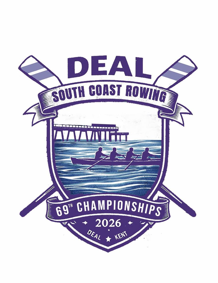 Blue logo with rowers, sea, Deal Pier and blades.
