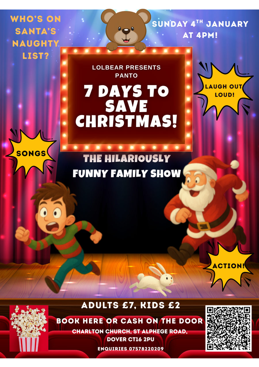 Cartoon Father Christmas chasing a boy across a stage. 7 Days to save Christmas Panto