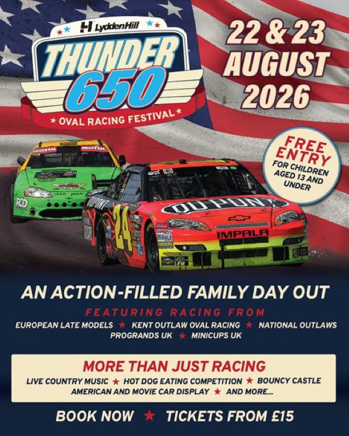 Two rally cars and an American stars and stripes