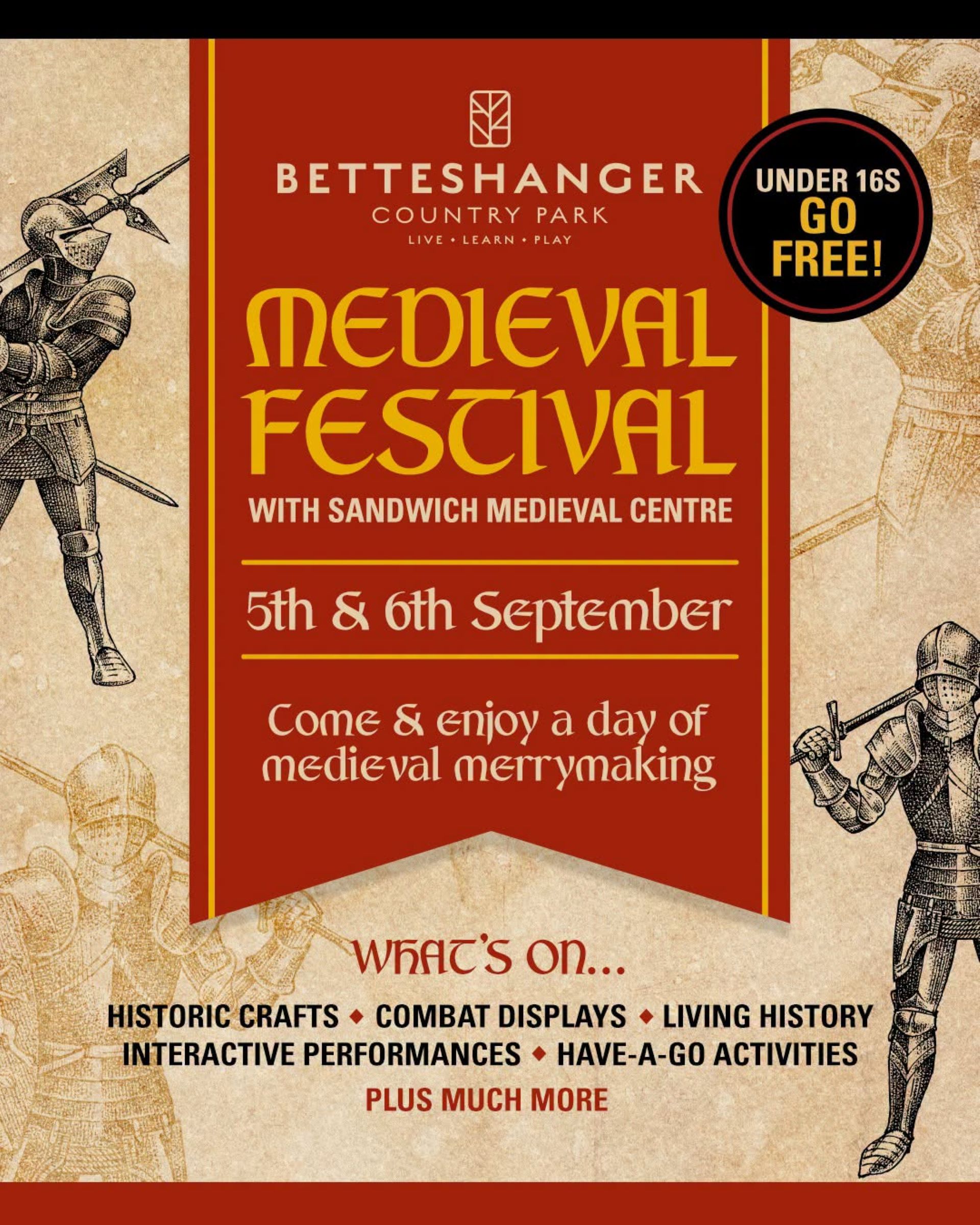 Red and brown poster with line drawings of knights