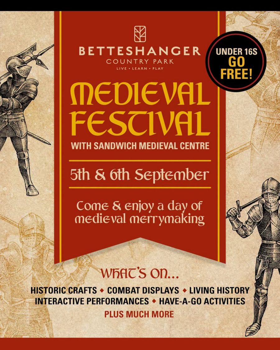 Red and brown poster with line drawings of knights