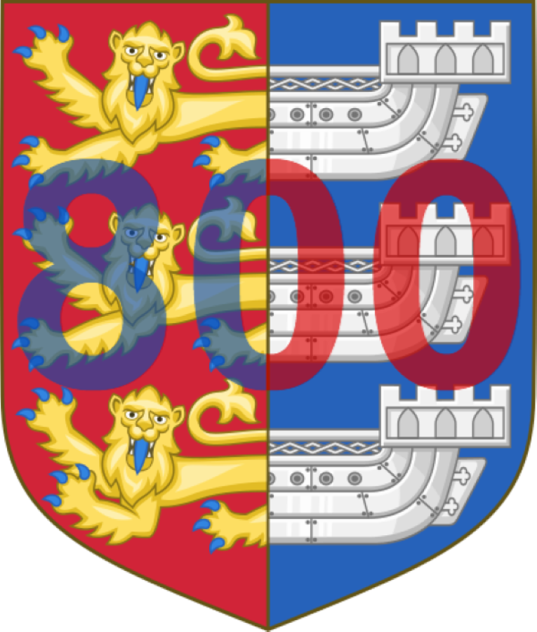 A coat of arms with three lions and ships and 800 superimposed.