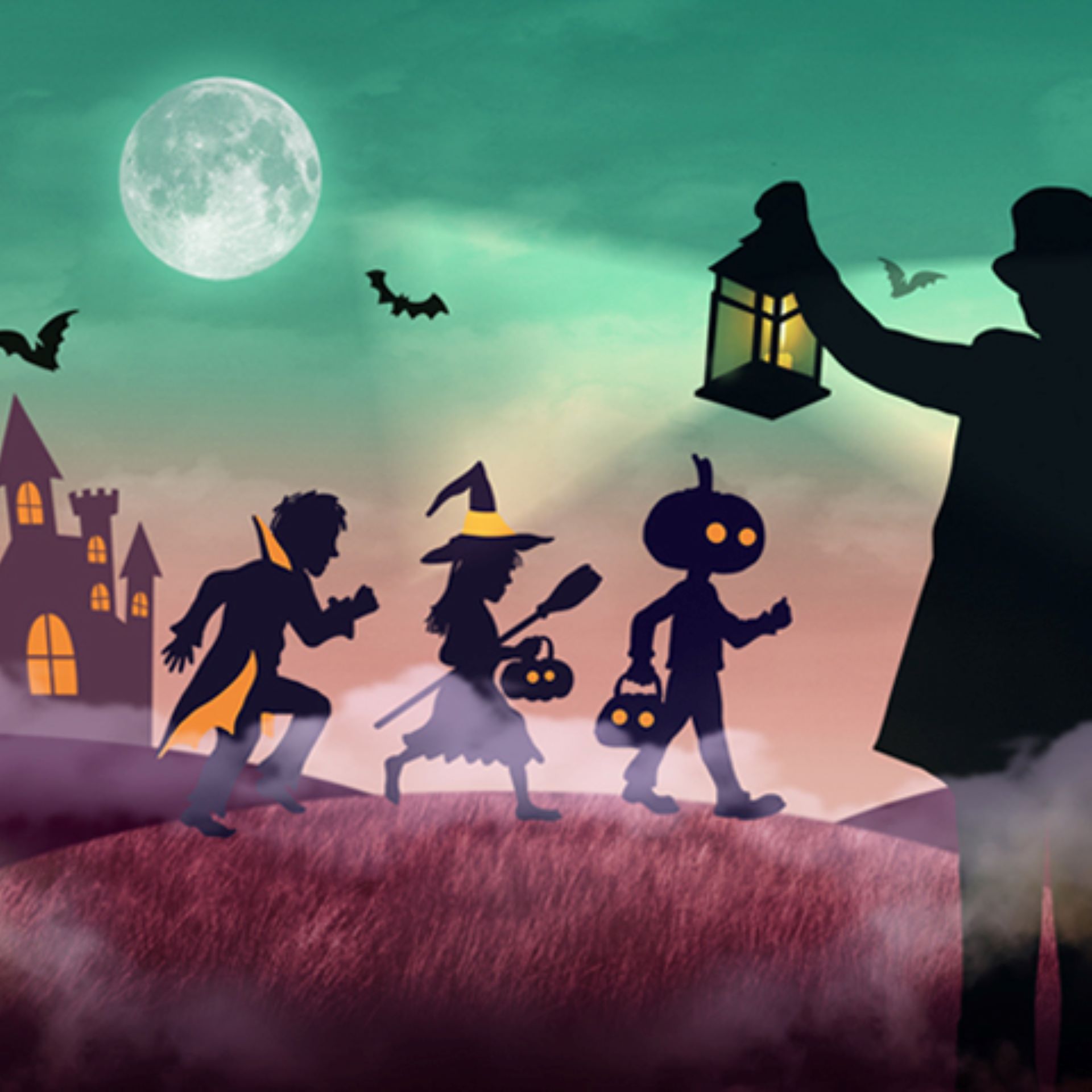 3 cartoon figures of children dressed in Halloween costumes holding pumpkin lanterns.
