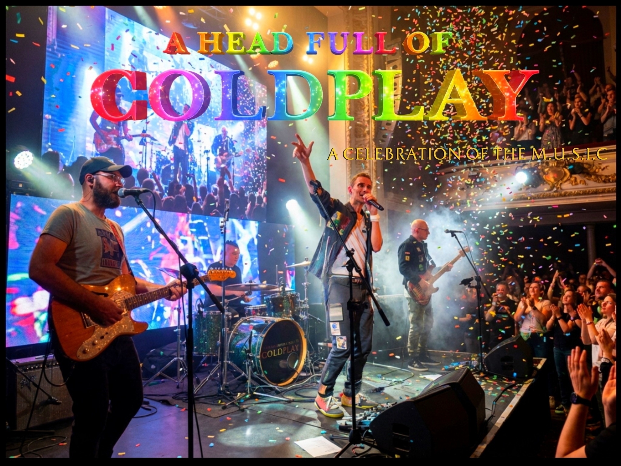 Band members on stage performing covered in colourful confetti 