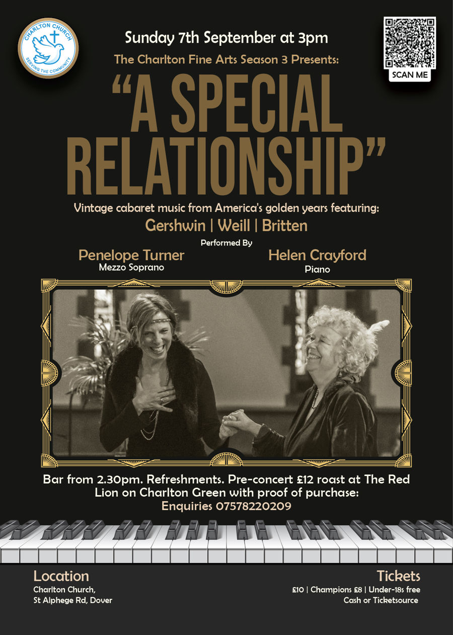 White and gold text on a black background, with a photo of two women and a piano keyboard