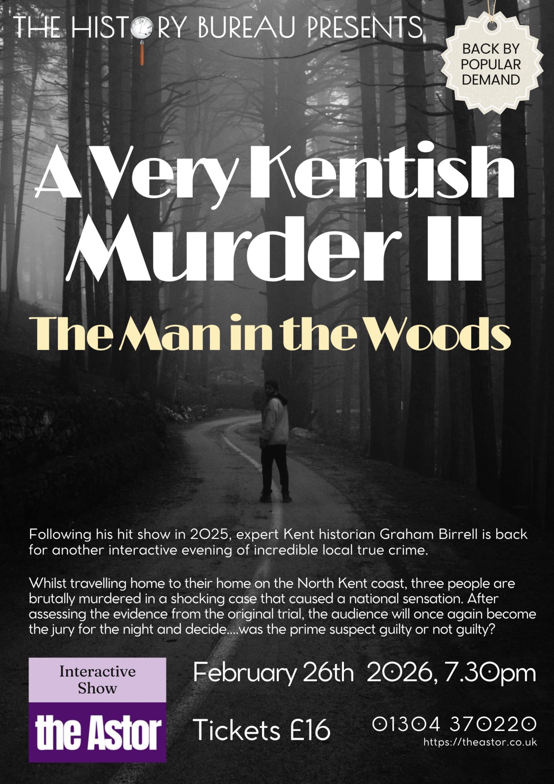 Black & white advertising poster showing a man in a wood