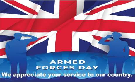 Union jack flag with silhouettes of armed forces personnel - Armed Forces Day poster