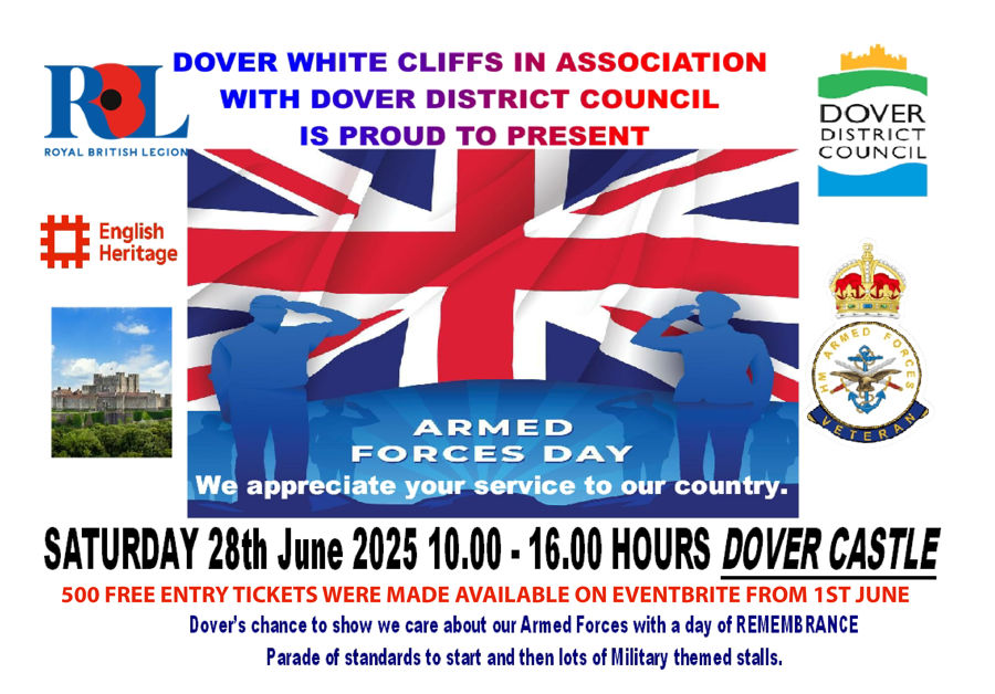 RBL Dover White Cliffs poster with union jack flag and logos for Armed Forces Day