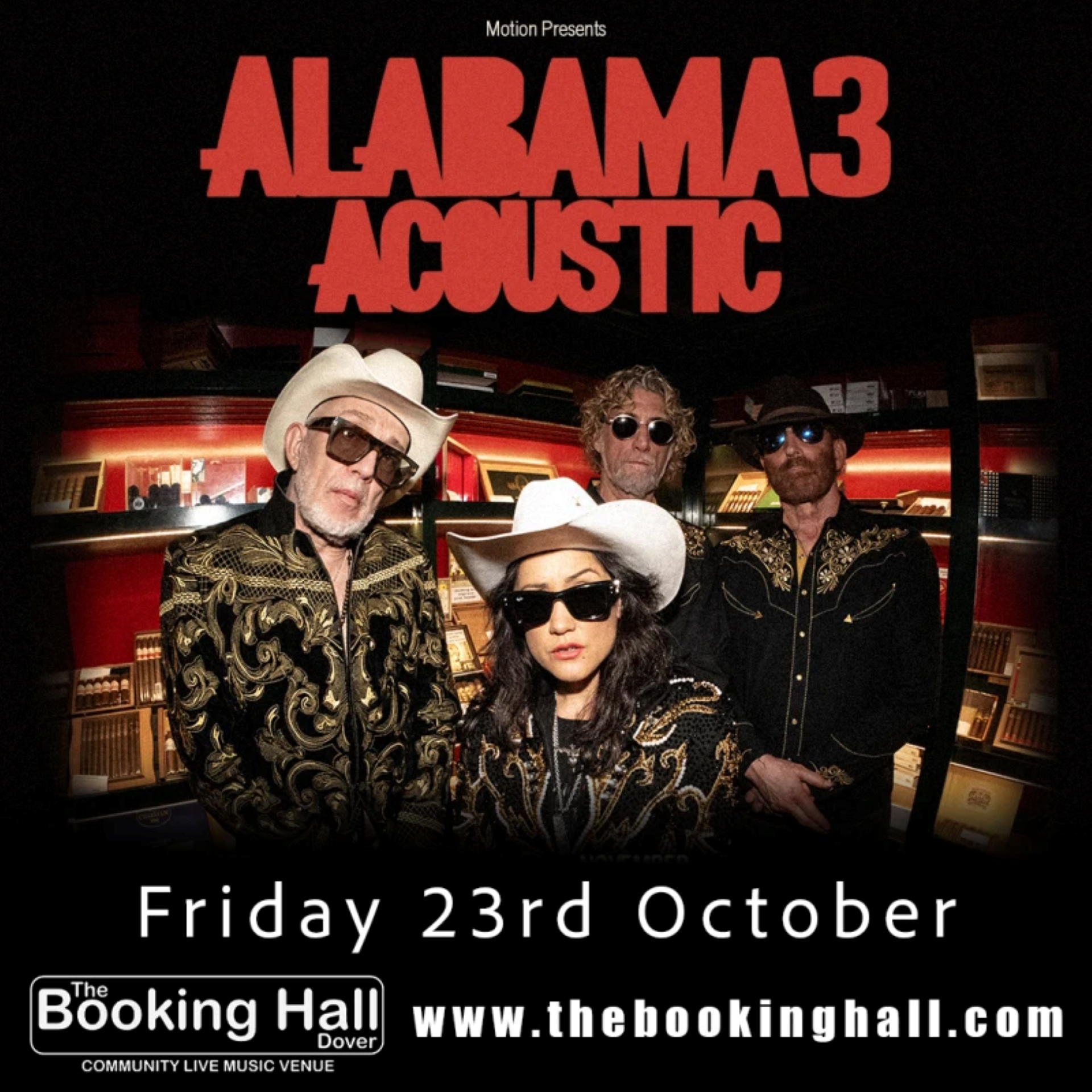 Four musicians,  2 wearing white Stetsons, Alabama 3 Acoustic