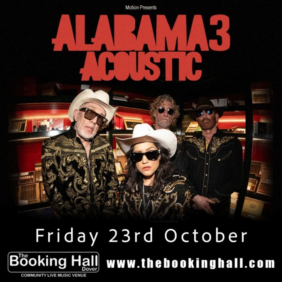 Four musicians,  2 wearing white Stetsons, Alabama 3 Acoustic