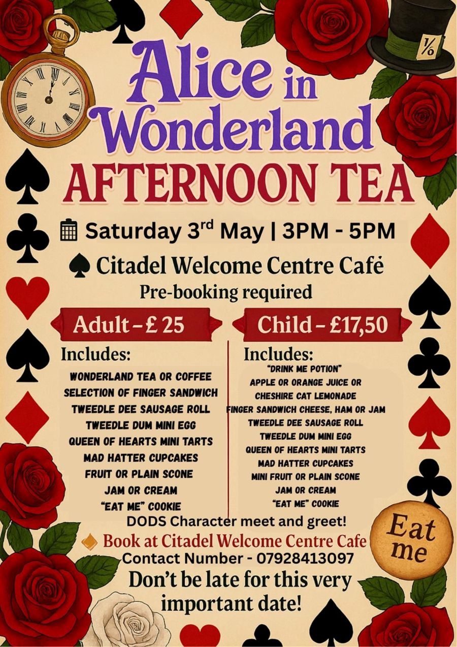 Advertising poster for Alice in Wonderland afternoon Tea