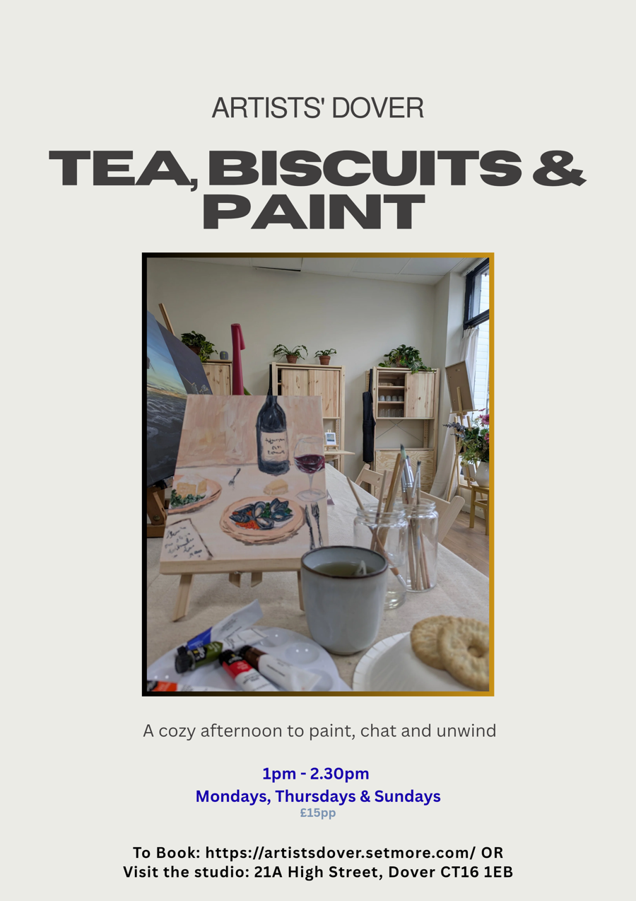 Poster advertising tea, biscuits and painting sessions with photo of table set up.