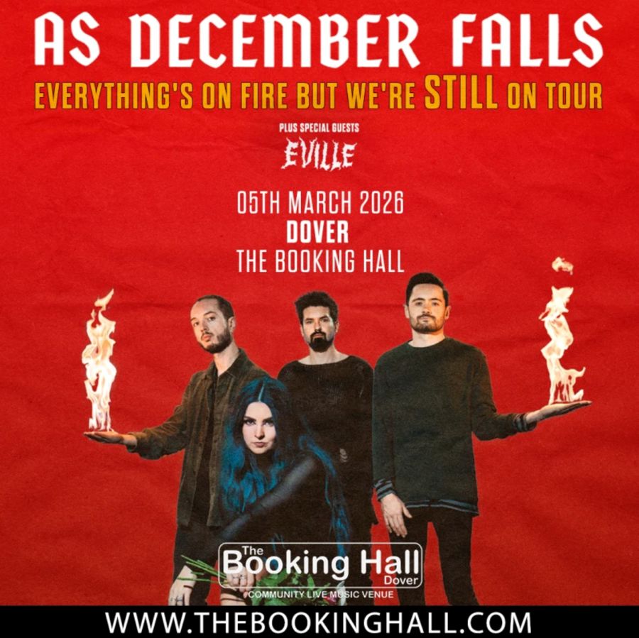 3 men and a woman with blue hair on a red background. 2 of the men have flames on the palm of their hands.