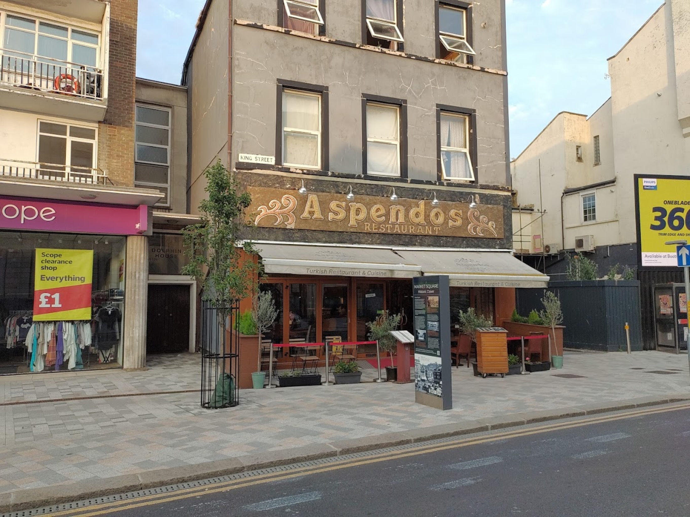 Exterior of Aspendos Dover with outside seating