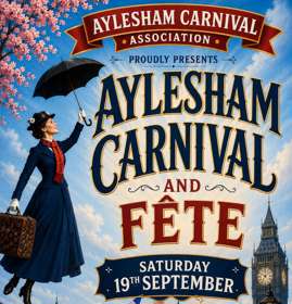 Poster with lady holding an umbrella and suitcase with Big Ben in background and tree with pink flowers