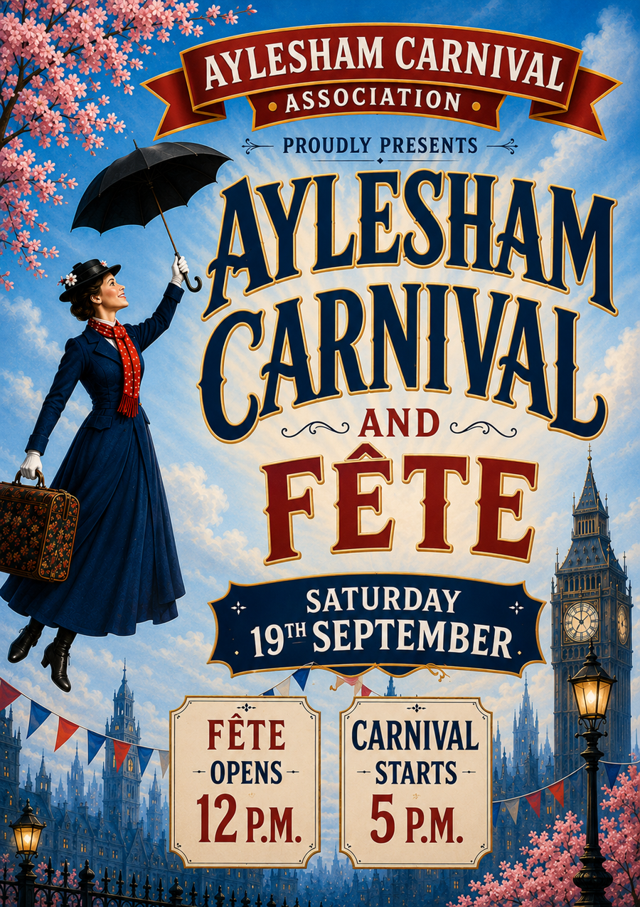 Poster with lady holding an umbrella and suitcase with Big Ben in background and tree with pink flowers