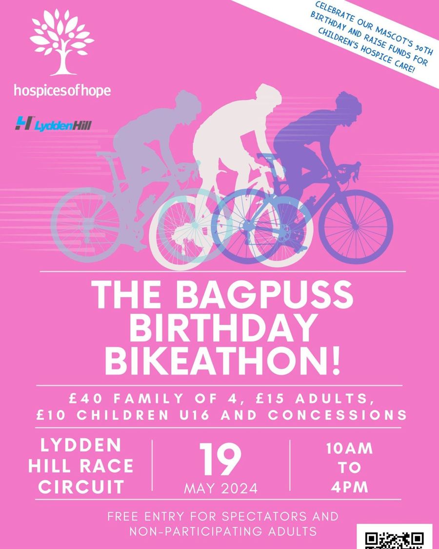 A pink poster to advertise the Bagpuss Birthday Bikeathon.