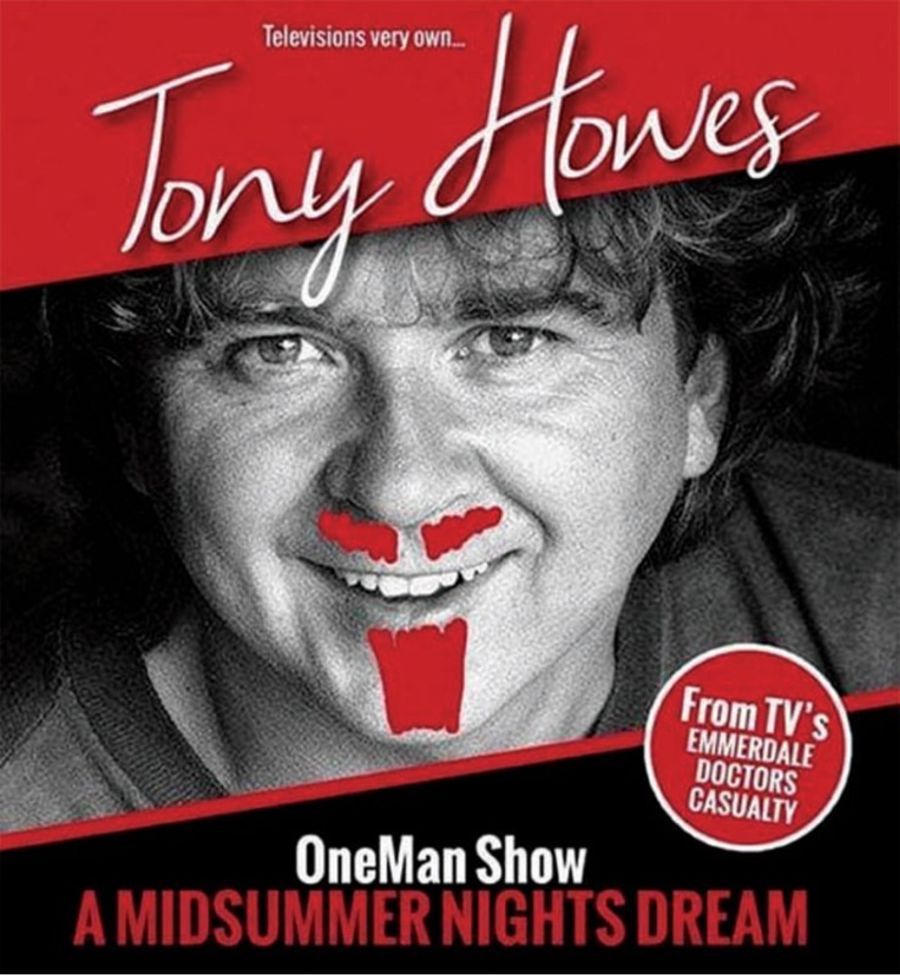 Advertising poster with the face of Tony Howes with a red painted moustache & beard