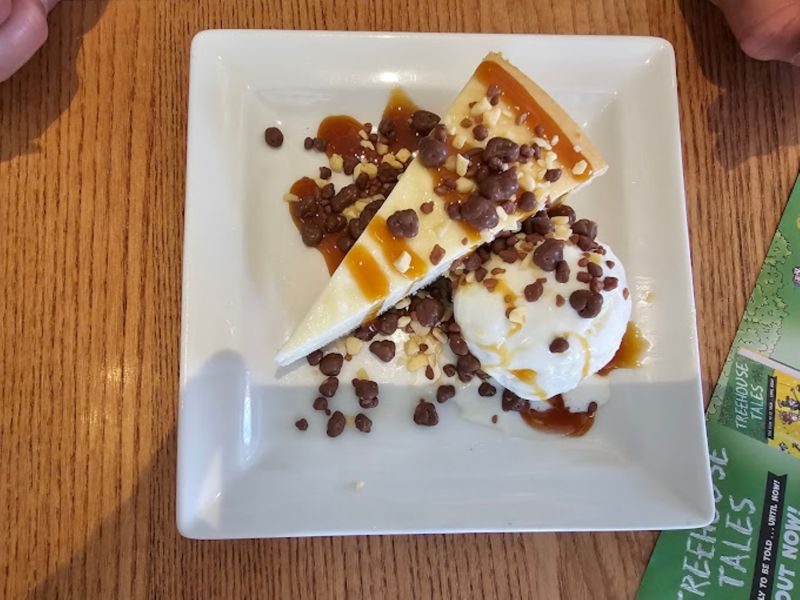 A slice of caramel cheesecake & ice cream