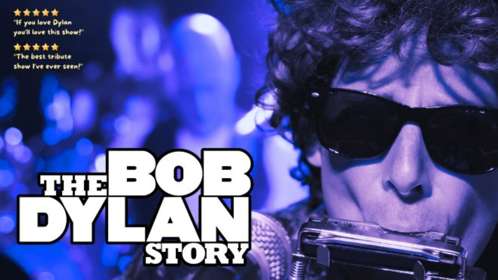 Poster showing a Dylan look-a-like playing a harmonica wearing shades