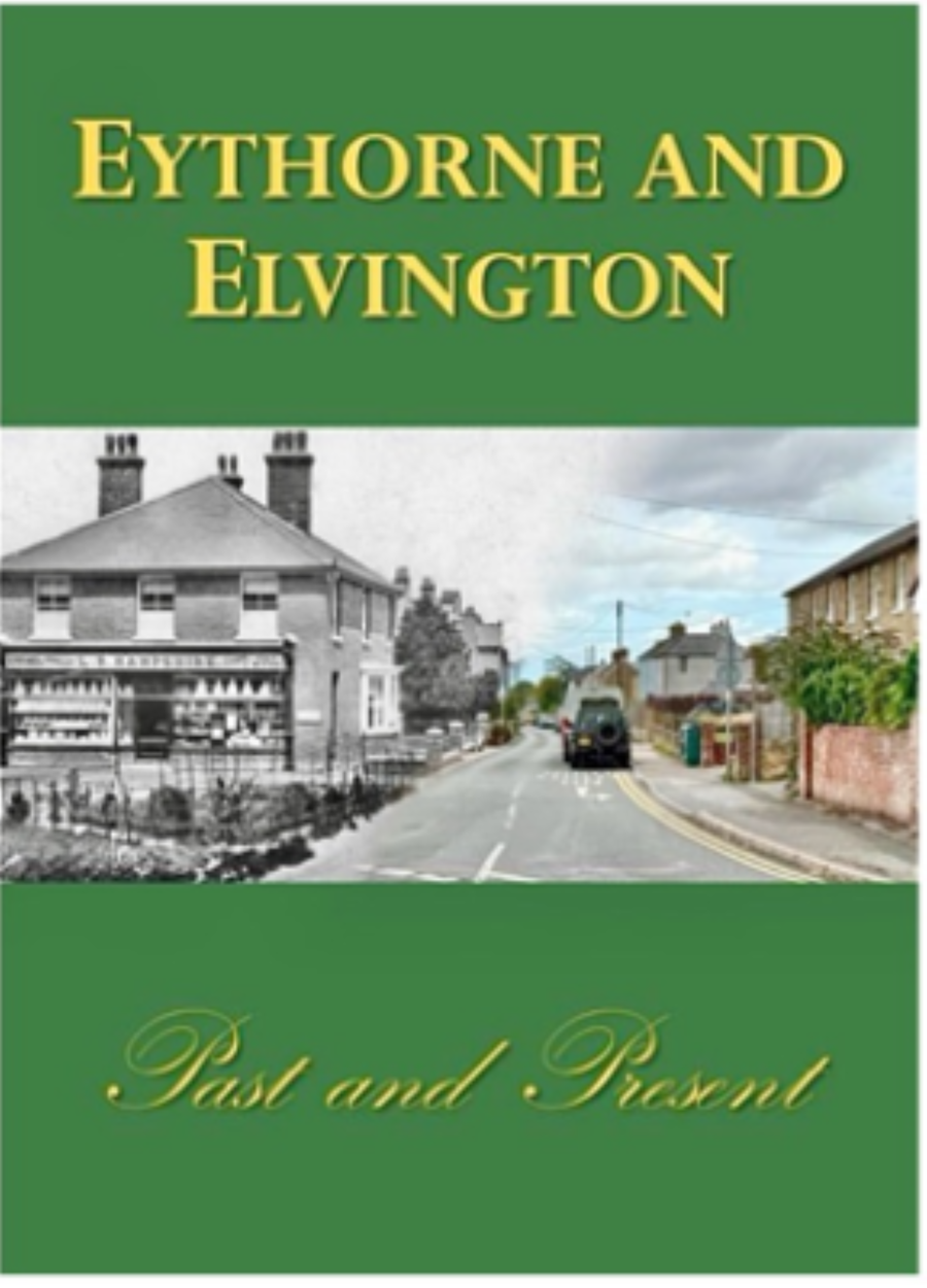 A book Eythorne And Elvington Past and Present with a green background and an old and modern view of the same street