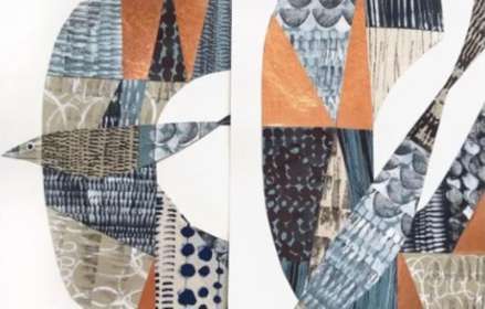 A colourful collage with blue, orange and patterned paper and textiles