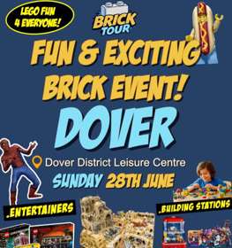 Colourful poster with Lego sets and spiderman for Brick Tour event at Dover Leisure Centre