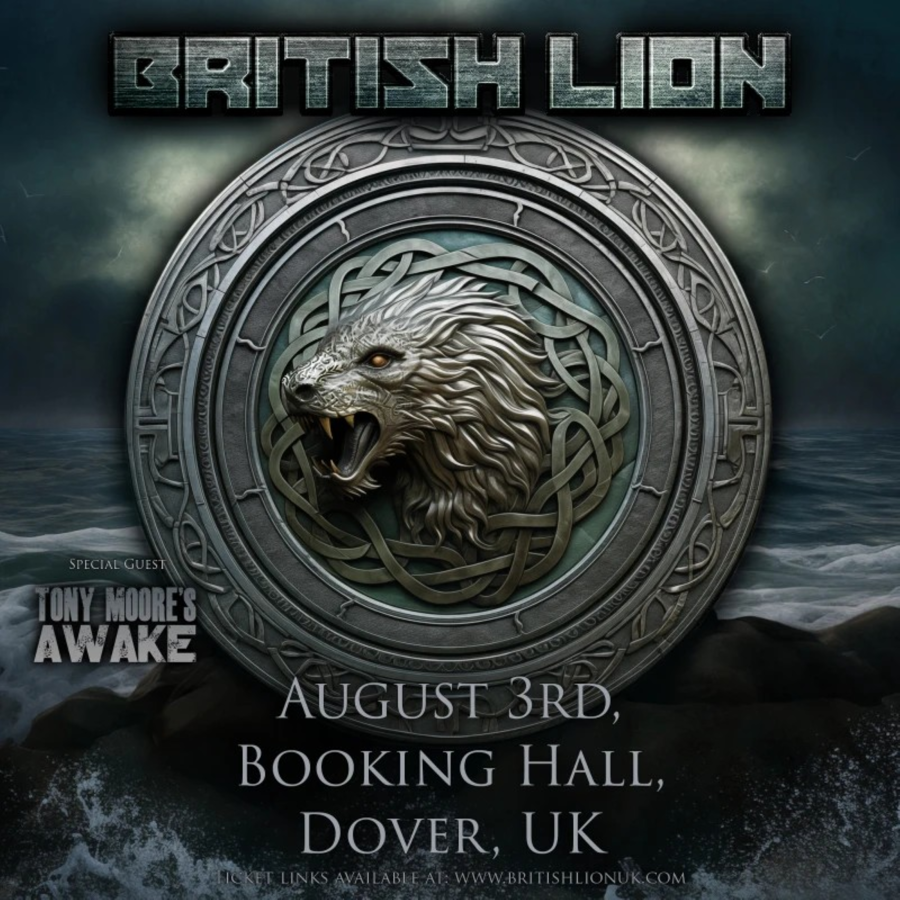A mythical beast on a shield advertising the music band British Lion