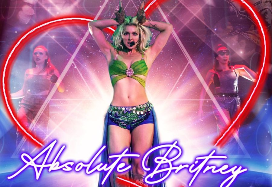 Poster advertising Absolutely Britney , a girl dressed as Britney  in a red heart shape.