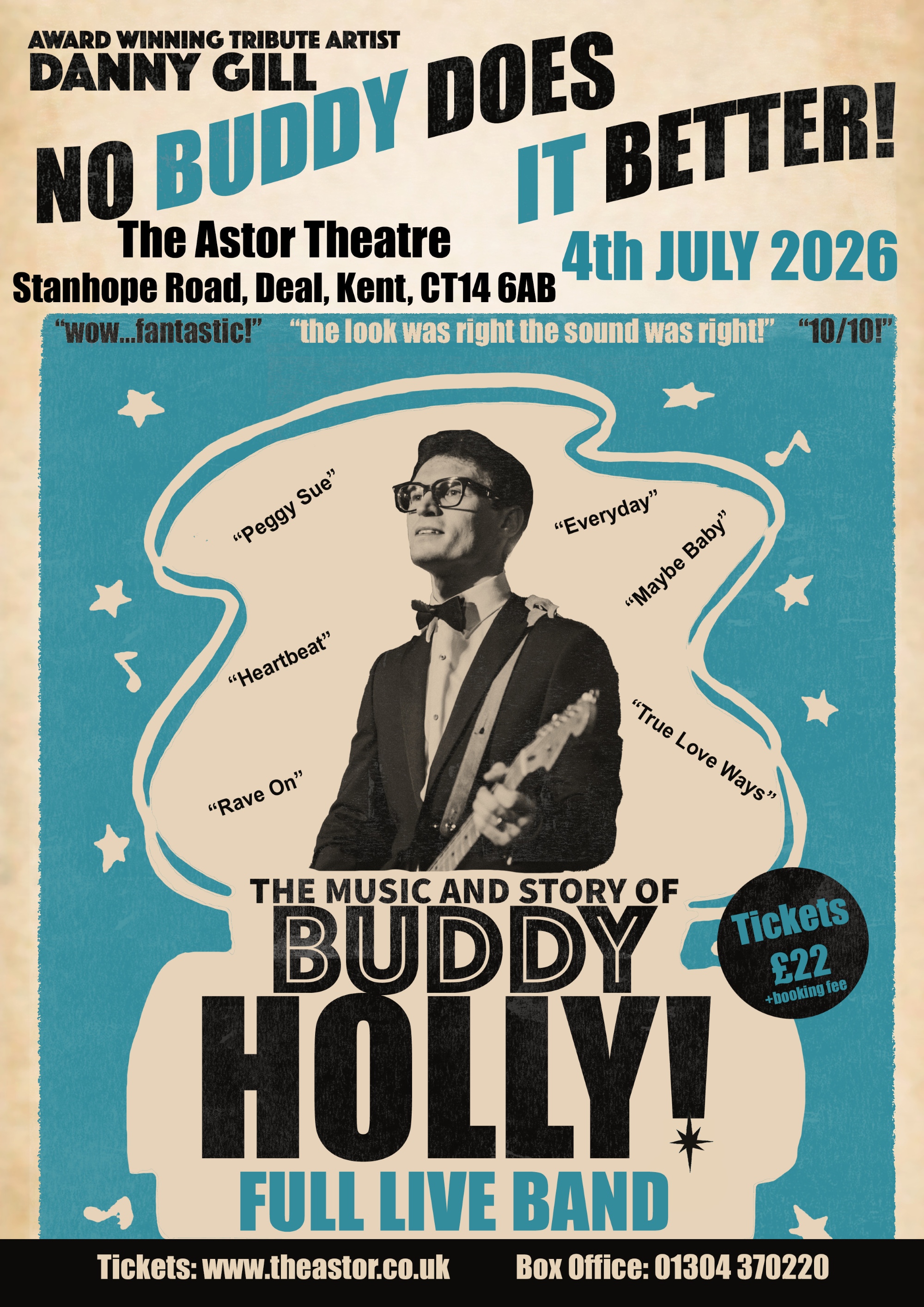 An old fashioned poster featuring a Buddy Holly lookalike