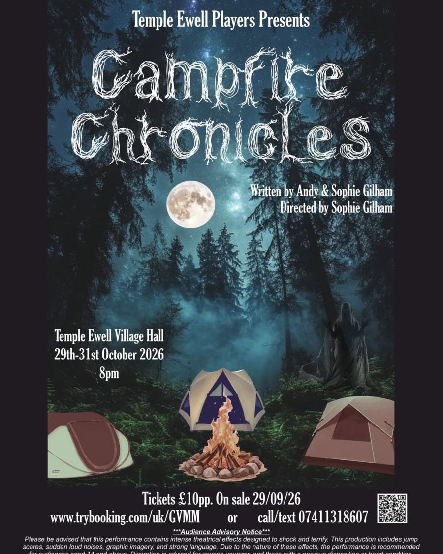 3 tents by a campfire in the woods at night. Poster for Campsite Chronicles a play by The Temple Ewell Players