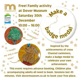 A poster with details of the event and images of badge medals