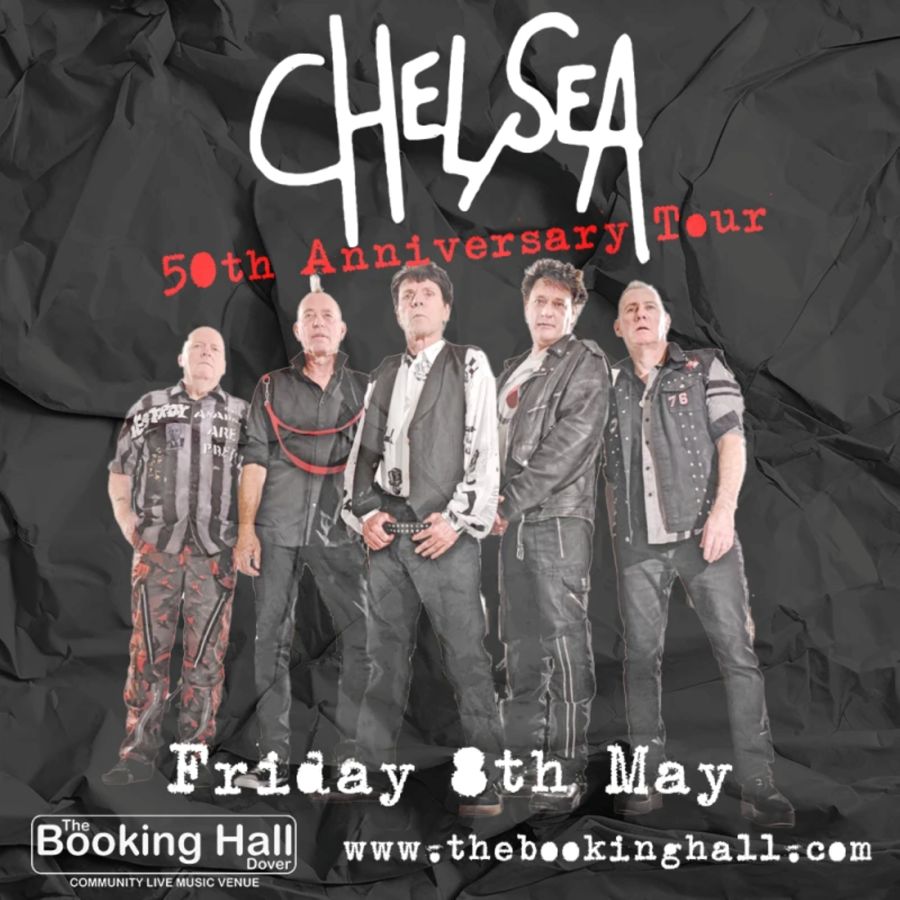 5 male musicians dressed in punk rock attire. The band Chelsea performing at The Booking Hall in Dover 8th May 2026.