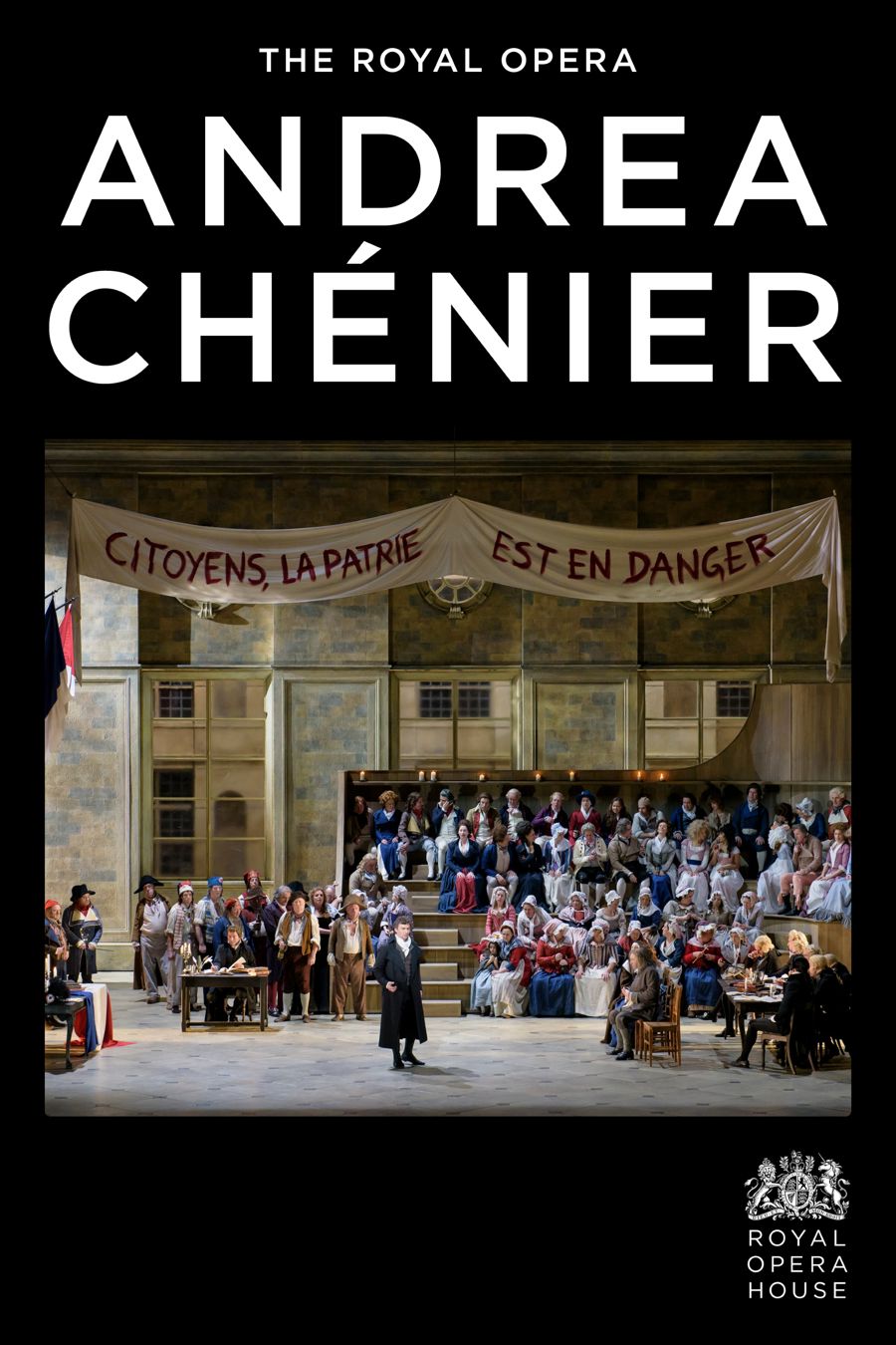 Advertising poster for the opera Andrea Chenier showing a courtroom scene