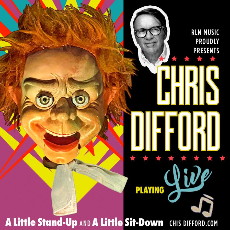 A poster featuring the head of a ventriloquist's dummy and Chris' head