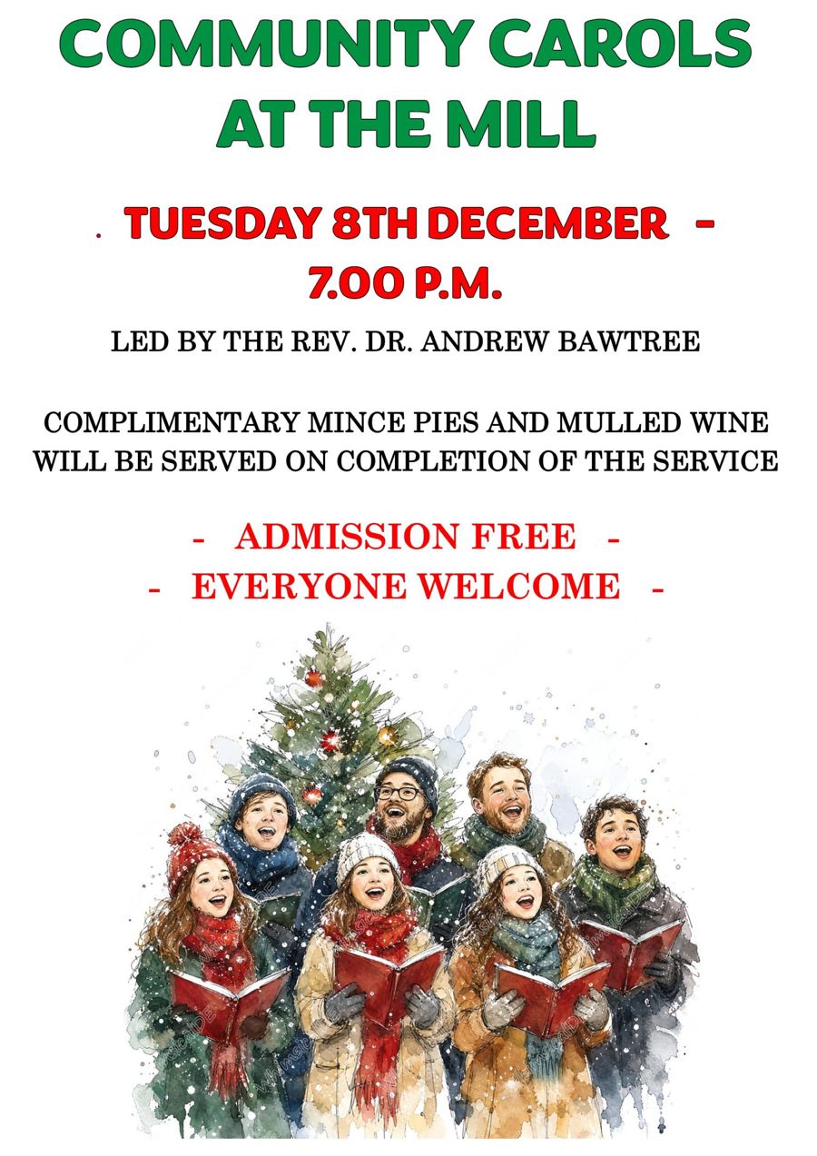 Poster advertising carol concert with a drawing of a group of carol singers in front of a Christmas Tree