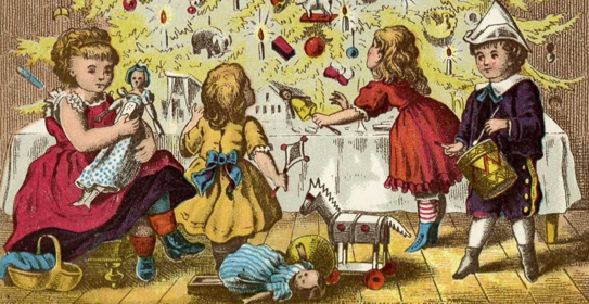 An illustration of children with their presents beneath a Christmas tree
