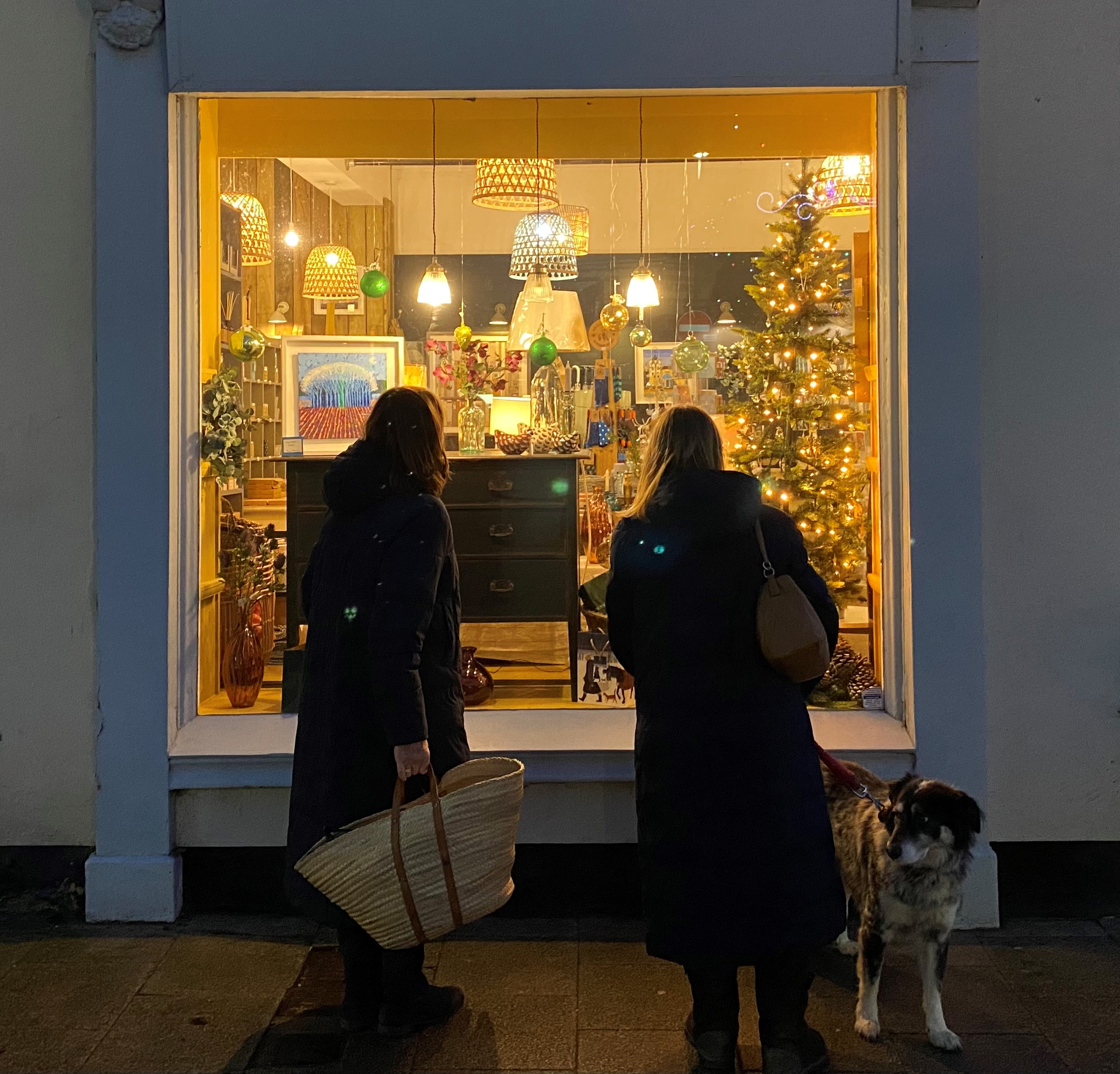 Two women looking into a shop window lit up for Christmas